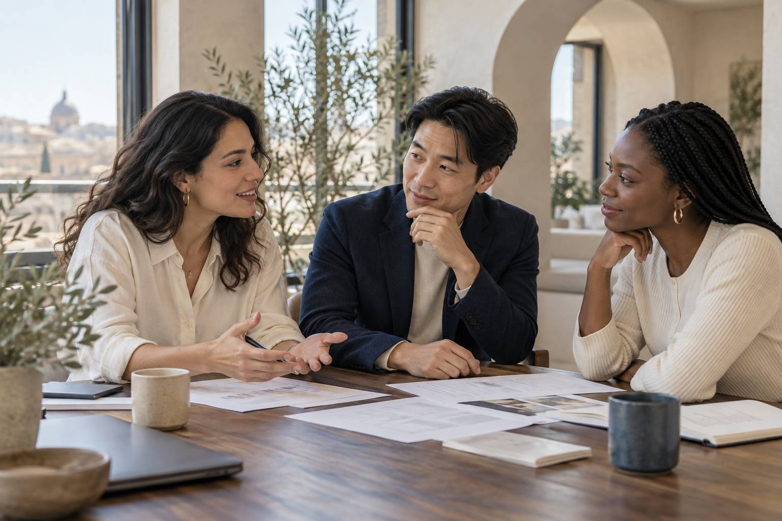 Tres profesionales de distintos orígenes conversan alrededor de una mesa con documentos