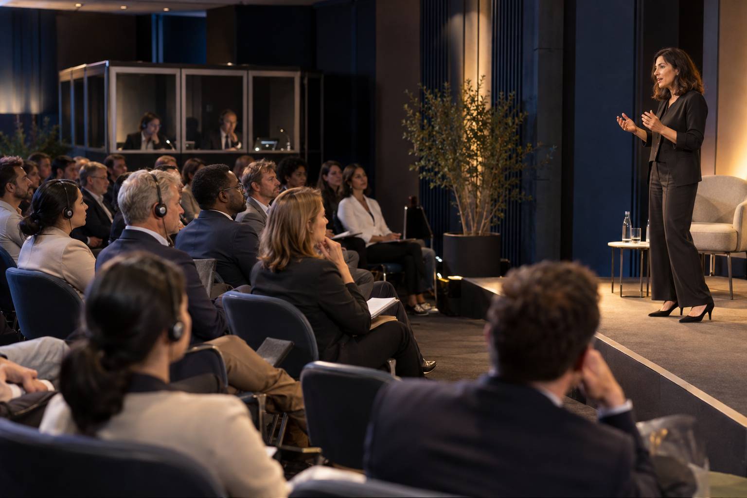 Público con audífonos de interpretación escucha a una ponente en una conferencia