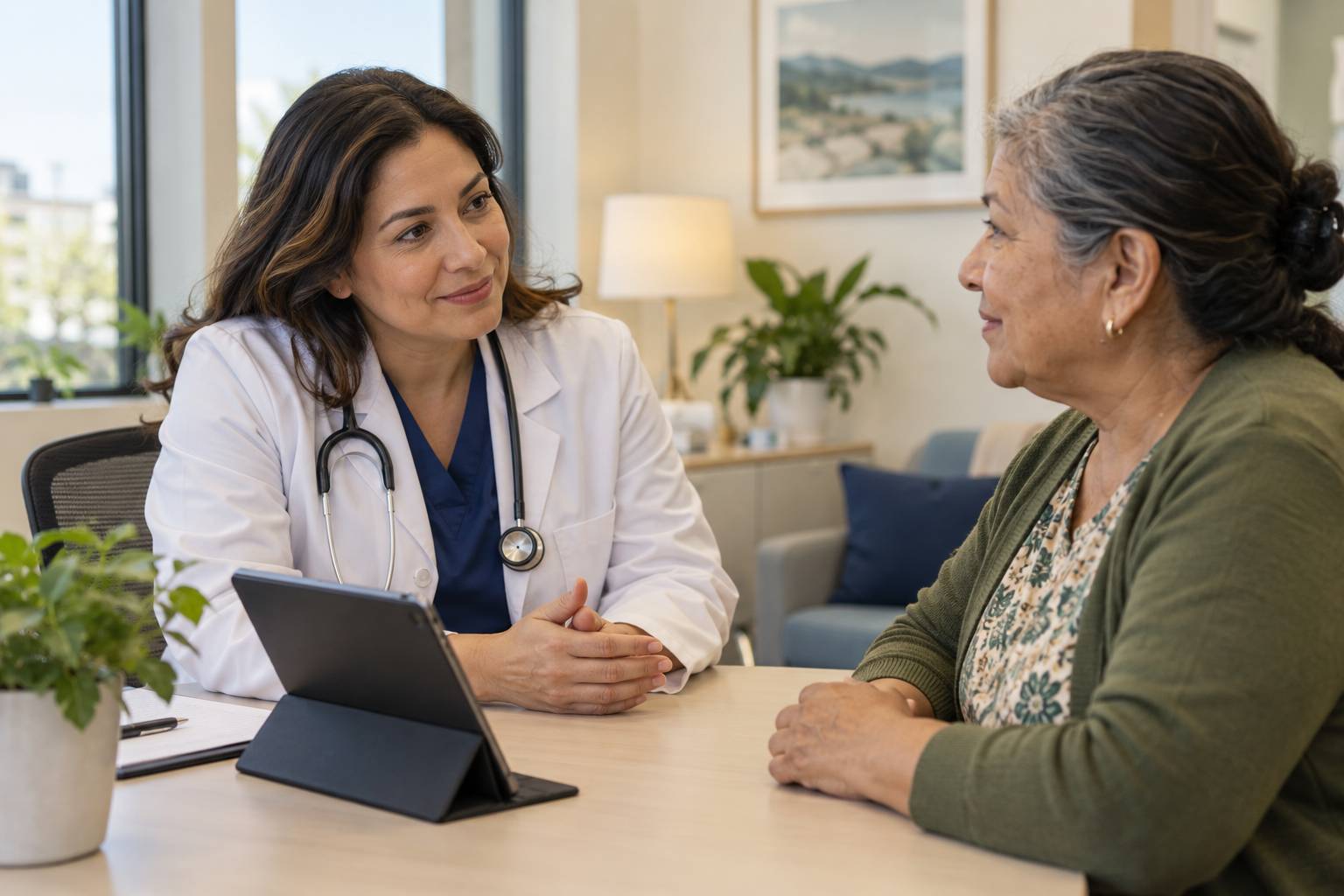 Una médica conversa con una paciente mayor en un consultorio, con una tableta sobre la mesa